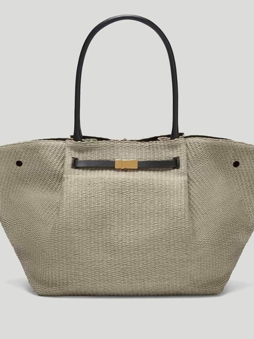 Demellier New York Raffia Woven Large Tote With Black Trim And Gold Accent